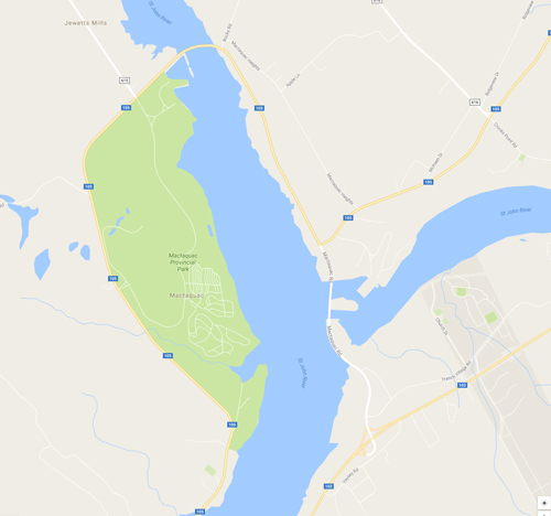 Google Maps view of Mactaquac Provincial Park, New Brunswick.
