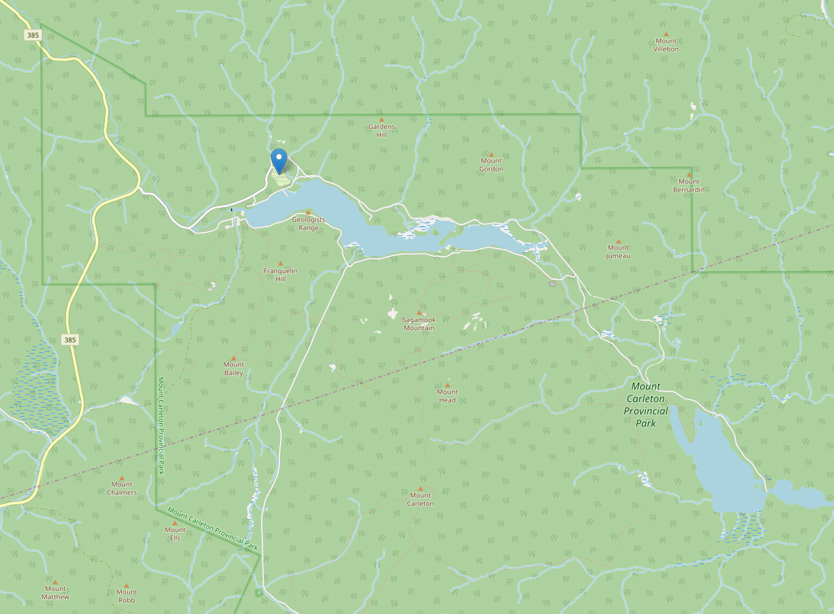 Map showing location of the RASC NB Mt. Carleton Star Party near site 44 in the Armstrong camping area.