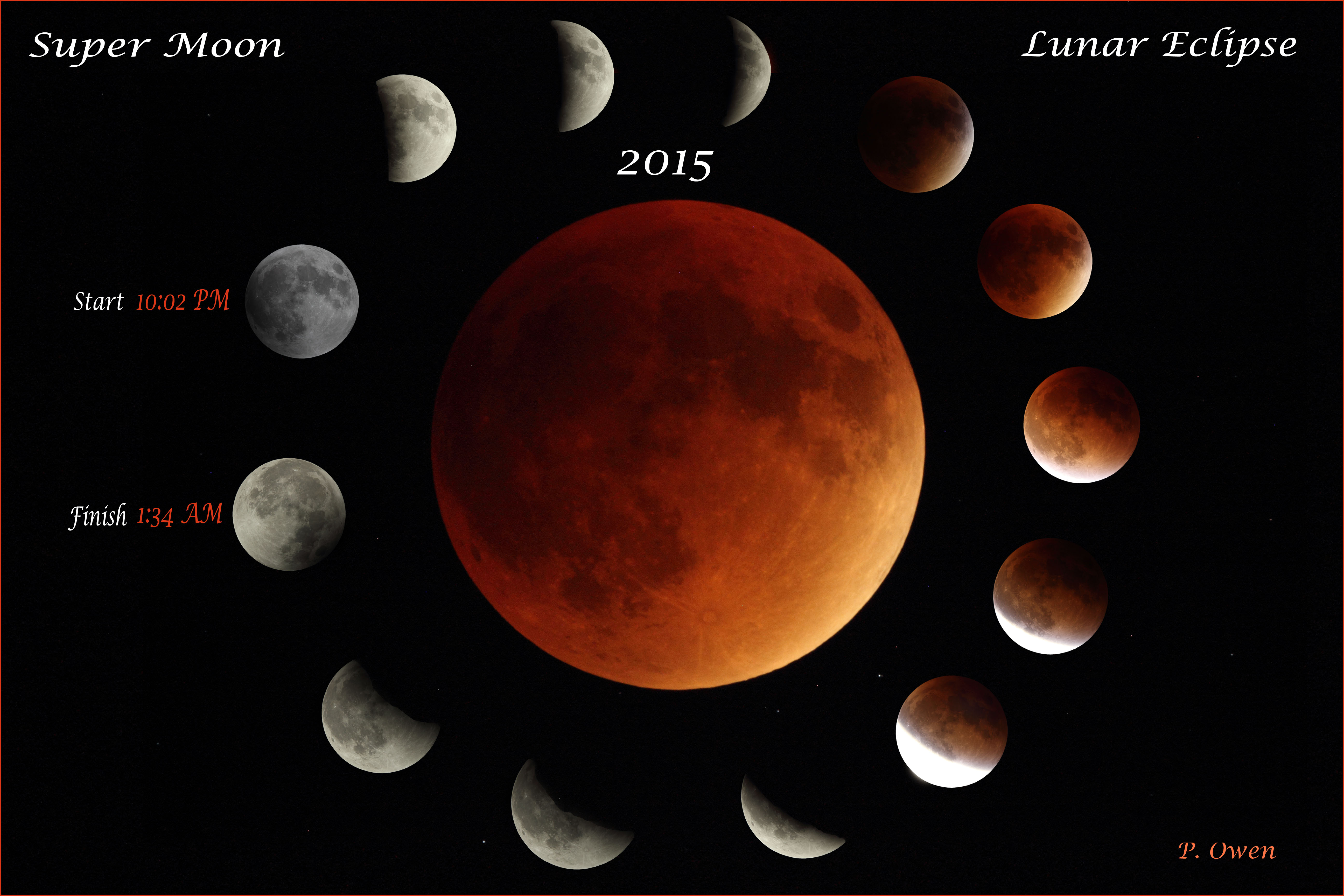 Photo showing a collage of the Super Moon Lunar Exclipse of 2015 by Paul Owen.