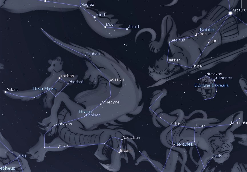 Photo showing location of the constellation Draco the Dragon low in the northern sky right of Polaris and the Little Dipper.
