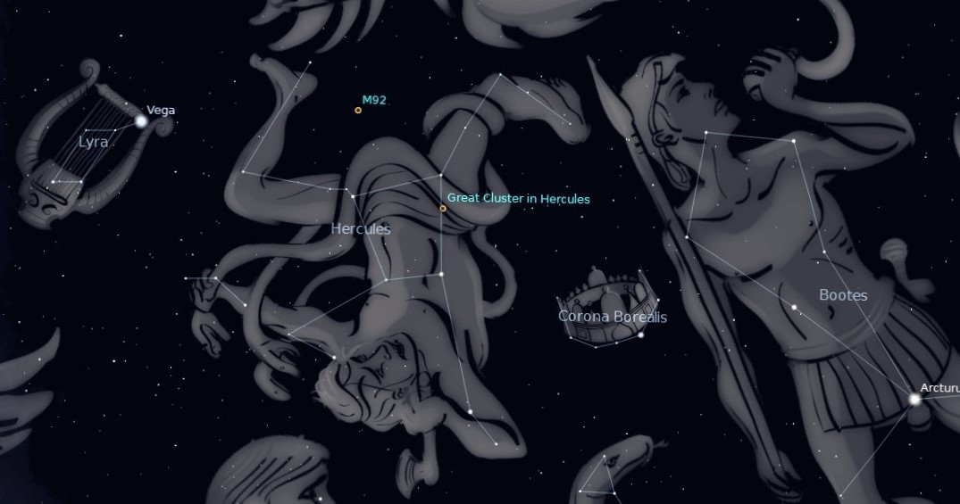Photo showing location of the constellation Corona Borealis the Northern Crown between Hercules and Bootes.