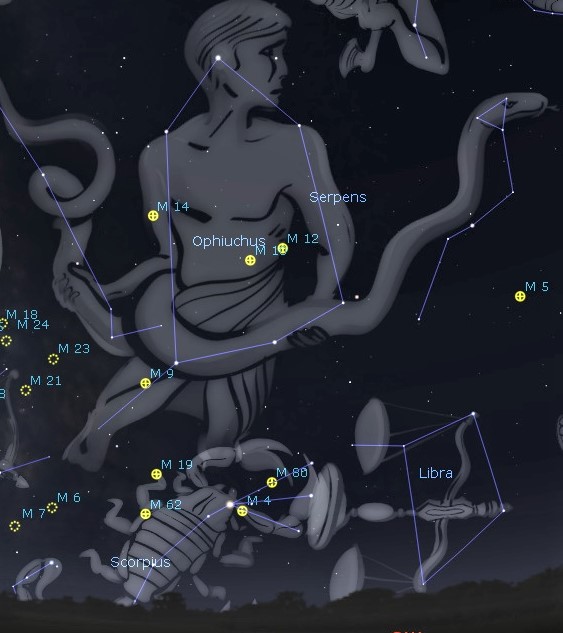 Photo showing the constellation Ophiuchus in the southern summer night sky.