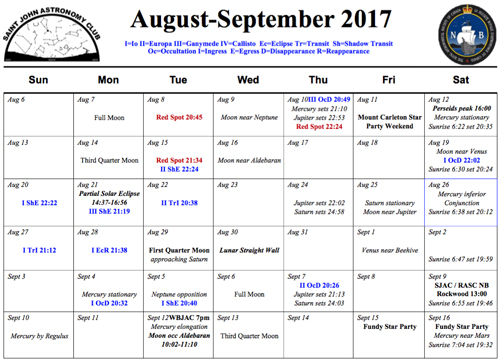What's Up for the night sky- August to September 2017--Saint John Astronomy Club.