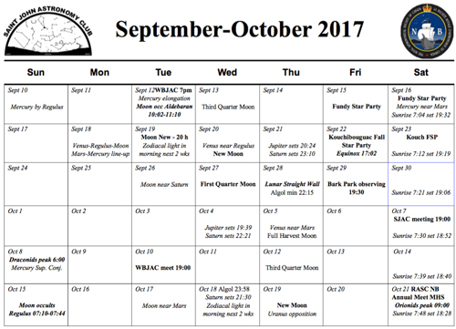 Calendar photo of What's Up in the night sky for September/October 2017 which links to a pdf.