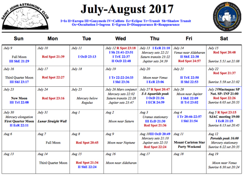What's Up Calendar July-August 2017 for the Saint John Astronomy Club