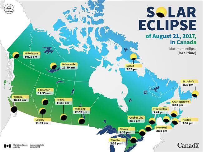 Photo of what the eclipse will look like in different regions of Canada and the times.