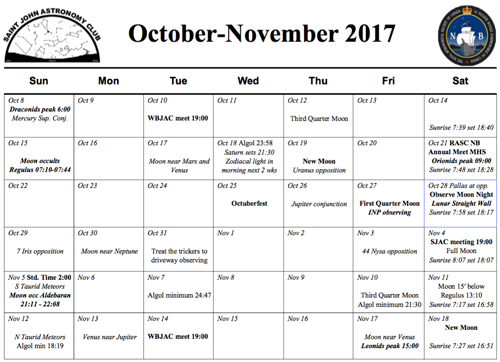 What's Up calendar for October-November 2017 from the Saint John Astronomy Club.