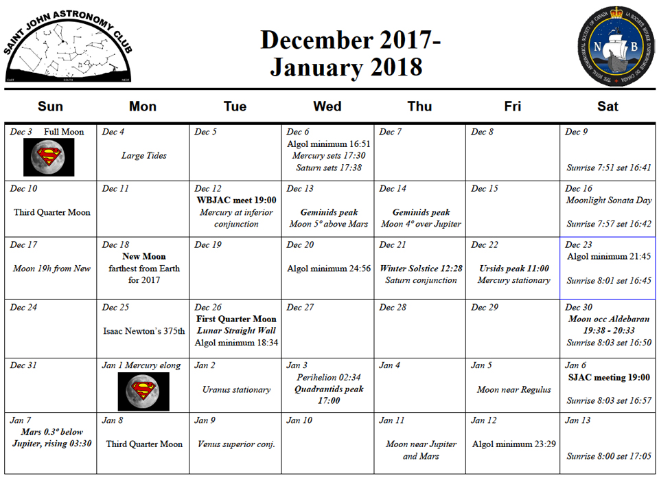 December 2017 Calendar for the Saint John Astronomy Club