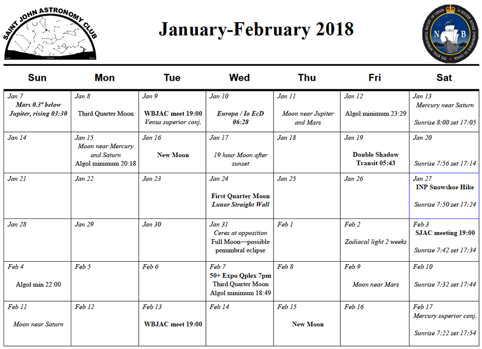 Jan - Feb 2018 Calendar for the Saint John Astronomy Club