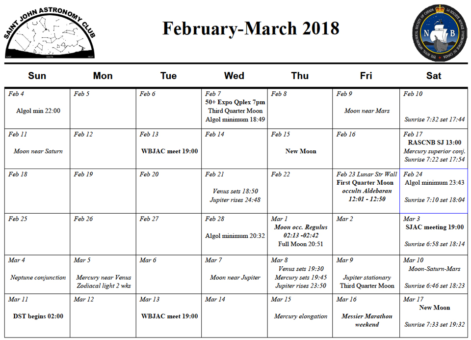 Calendar for the Saint John Astronomy Club for February-March 2018