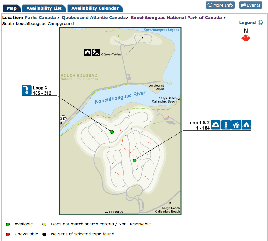 Link to overview of camping sites at Kouchibouguac National Park.