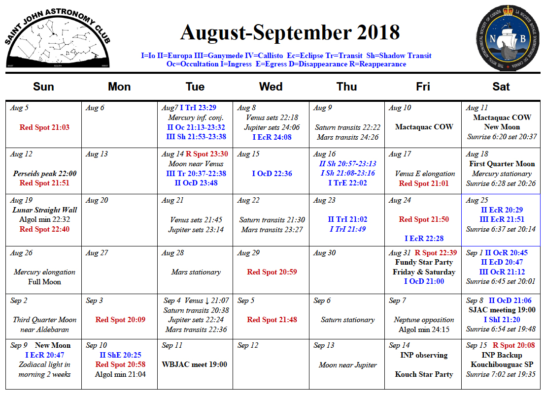 August-September 2018 Calendar for the Saint John Astronomy Club