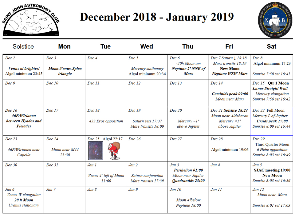December-January Calendar for the Saint John Astronomy Club