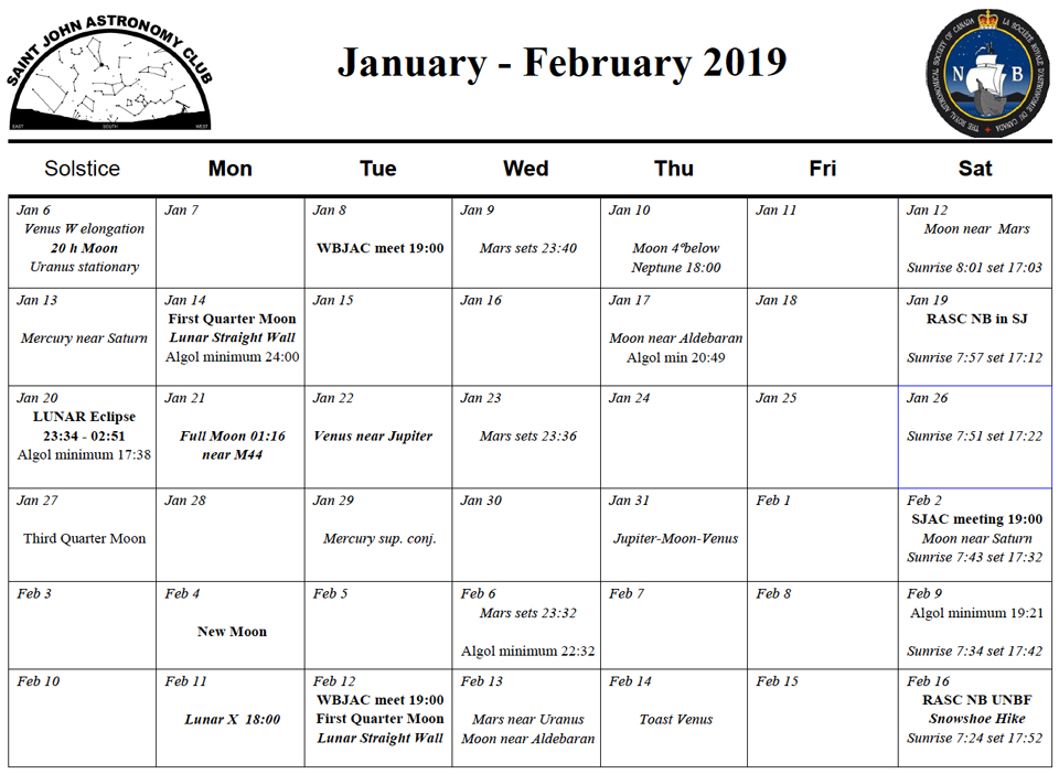 January-February 2019 Calendar for the Saint John Astronomy Club