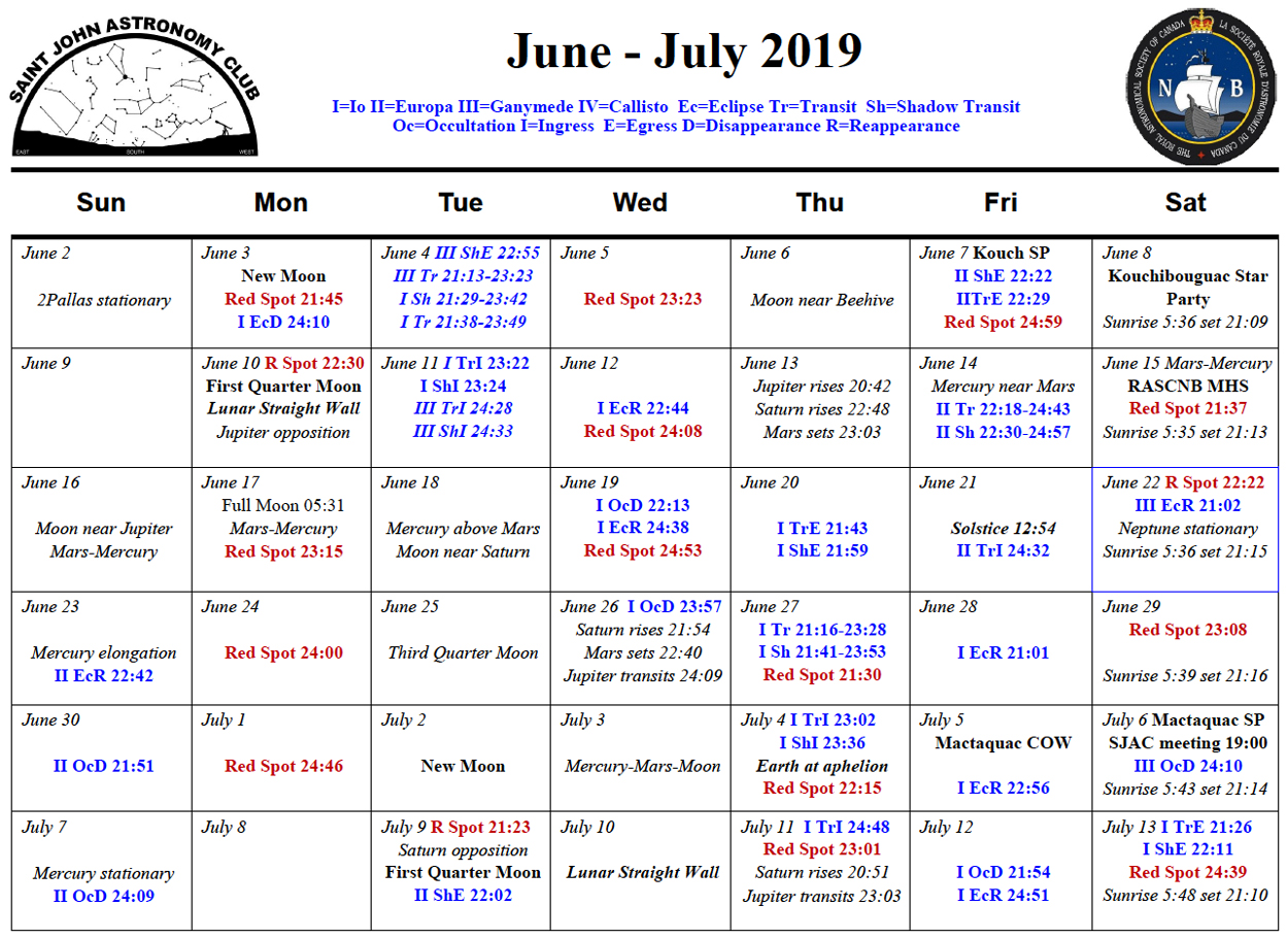 June 2019 Calendar for the Saint John Astronomy Club