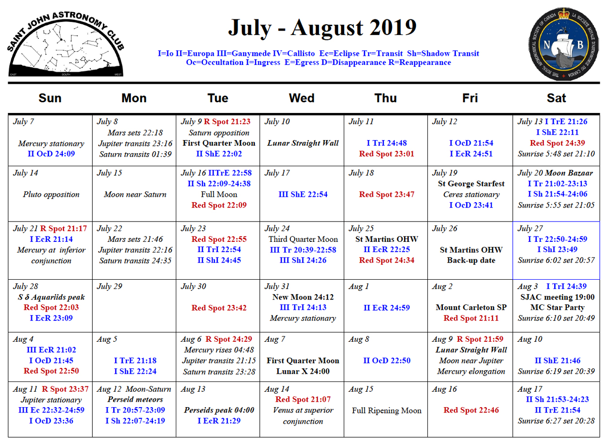 July-August 2019 Calendar for the Saint John Astronomy Club.