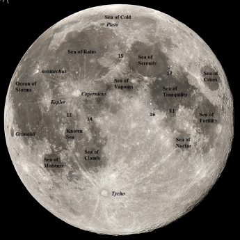 Photo showing main features of the Moon and locations of the Apollo Landing sites (Image Credit: Michael Watson).