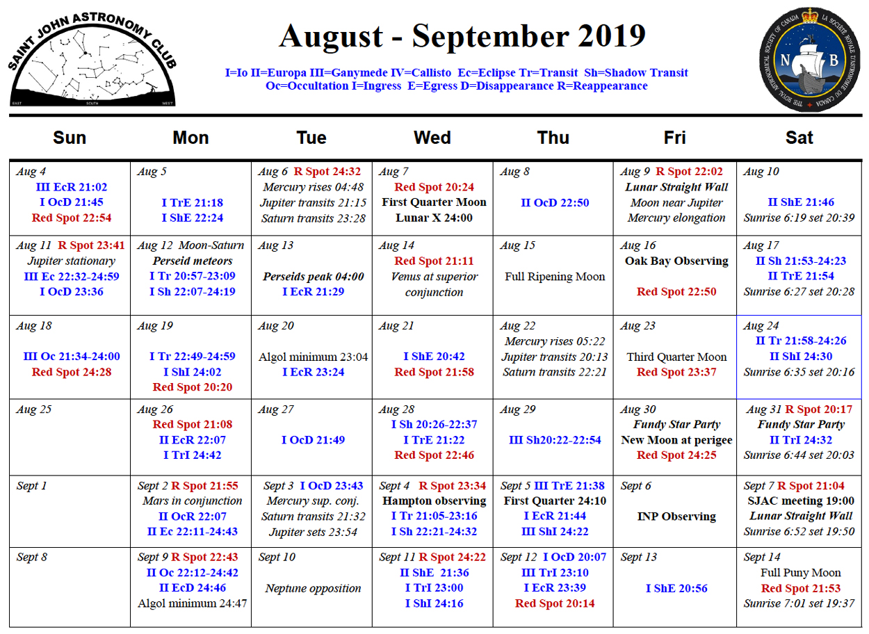 Calendar for the Saint John Astronomy Club for August-September 2019 by Curt Nason