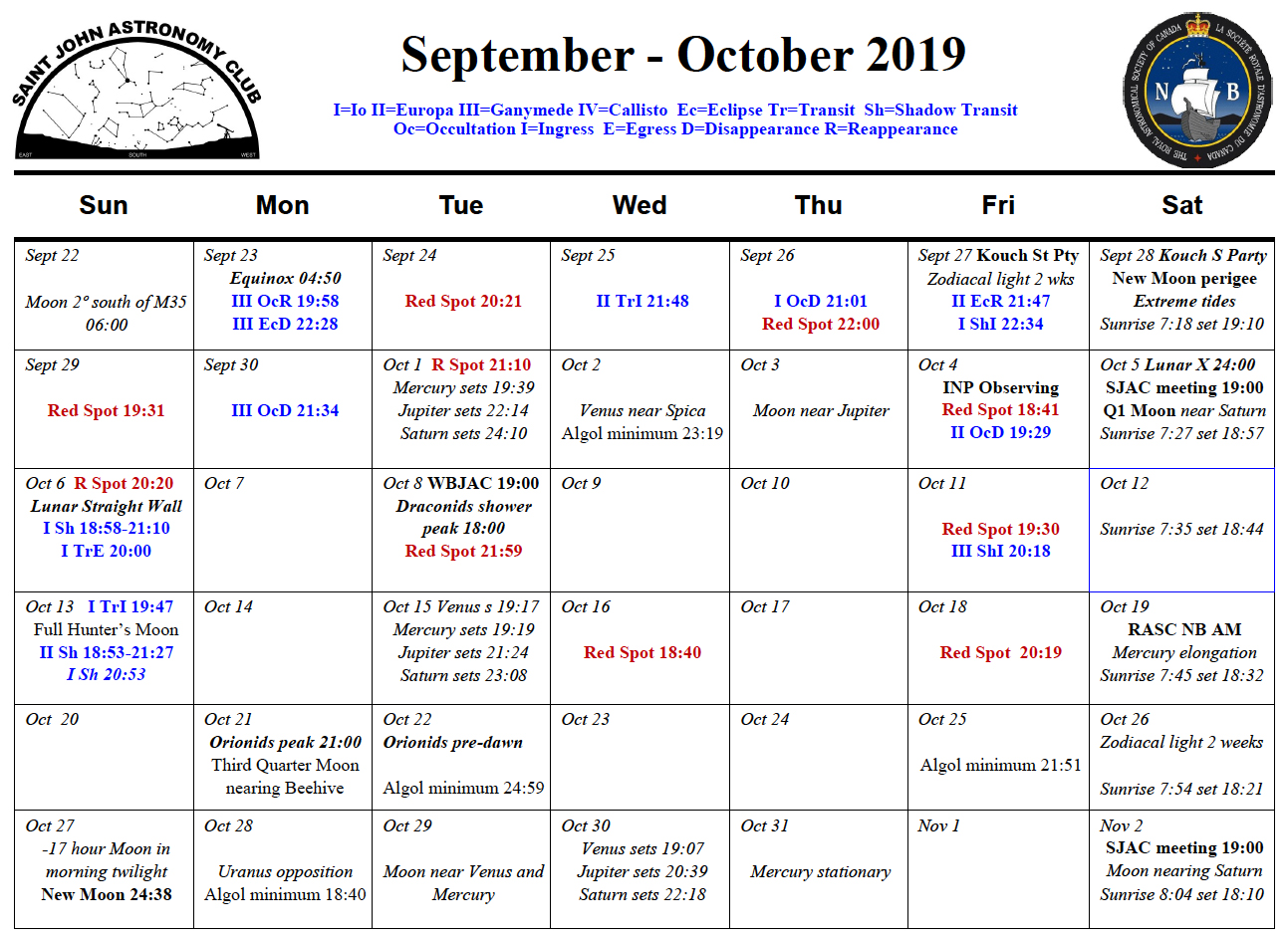 Photo showing the September-October 2019 Calendar for the Saint John Astronomy Club