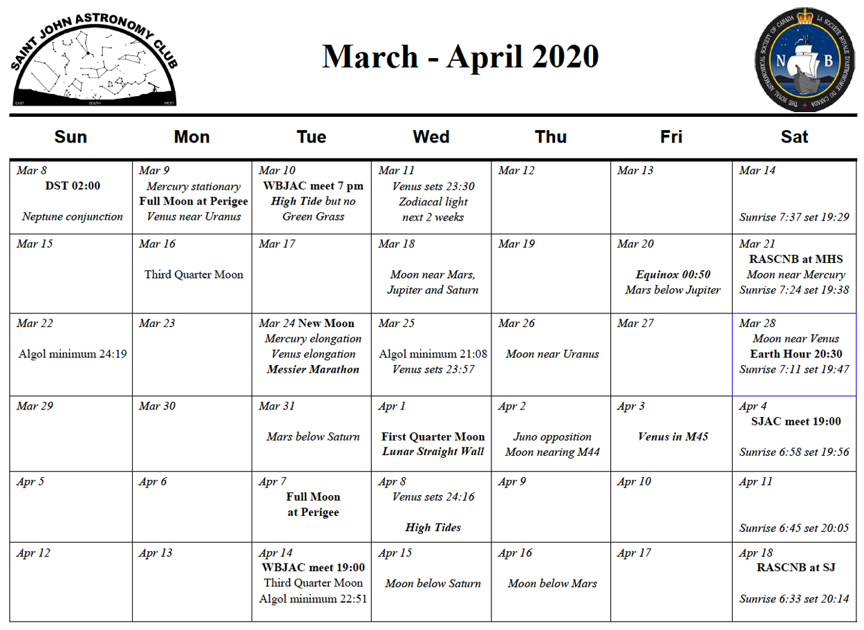 March-April 2020 Calendar for the Saint John Astronomy Club