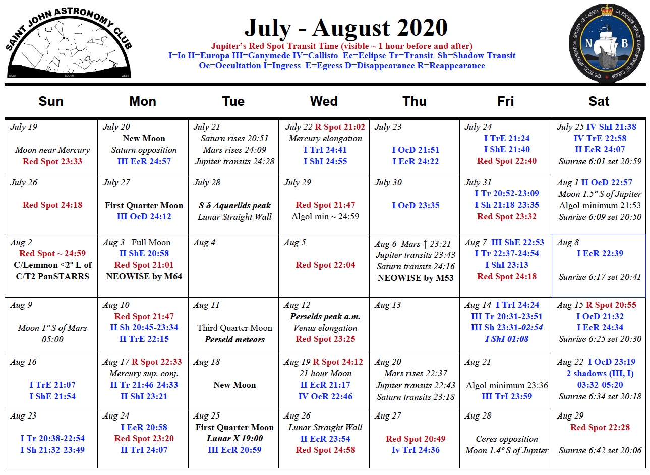 July-August 2020 Calendar for the Saint John Astronomy Club