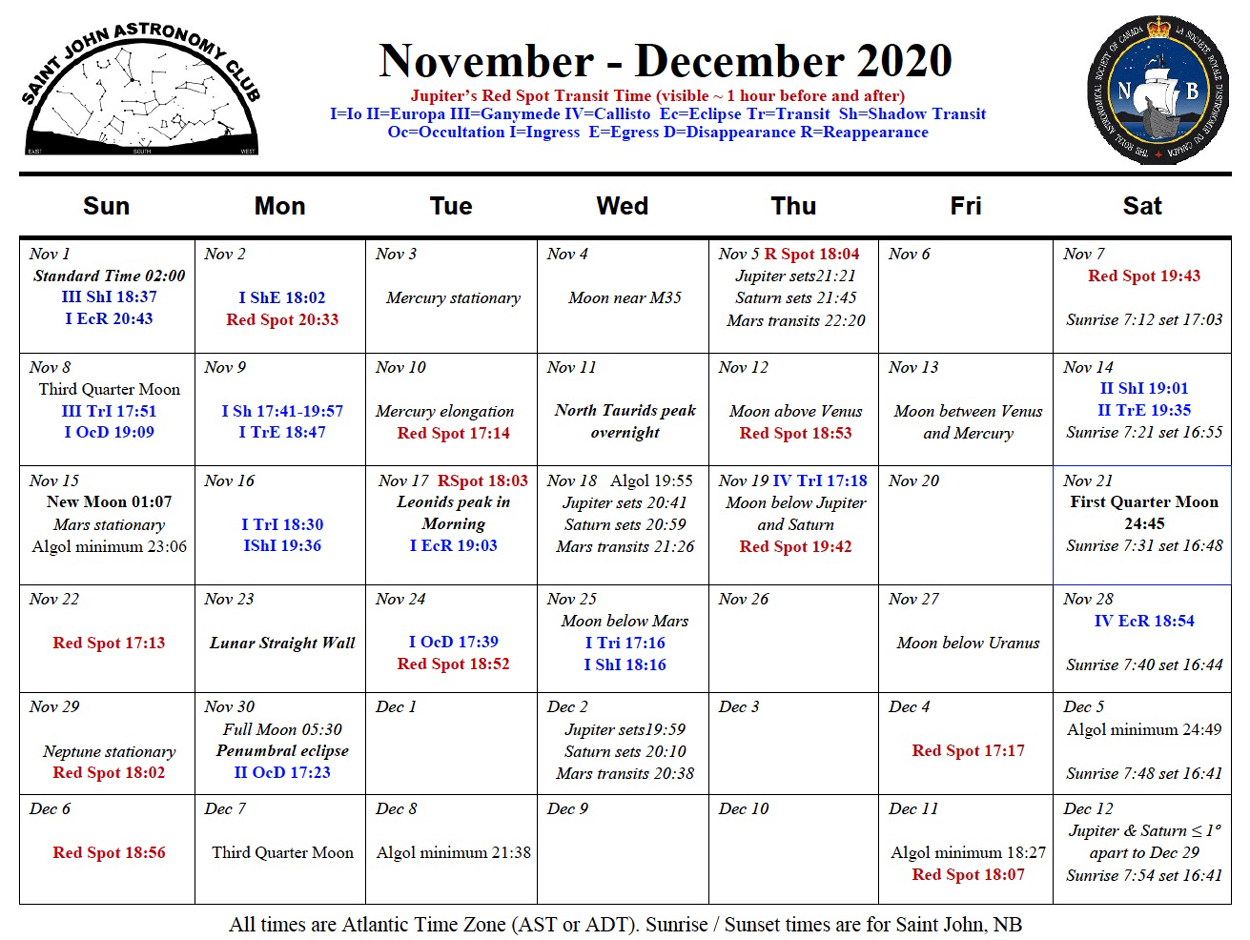 Photo showing November-December 2020 Calendar of the Saint John Astronomy Club.