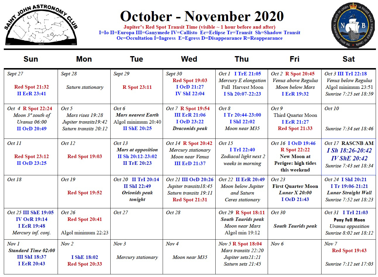 Photo showing Calendar of the Saint John Astronomy Club for October-November 2020.