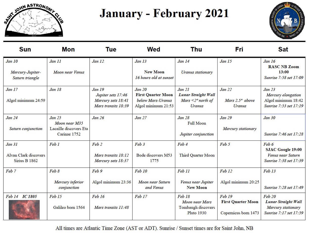 Calendar of the Saint John Astronomy Club for January-February 2021