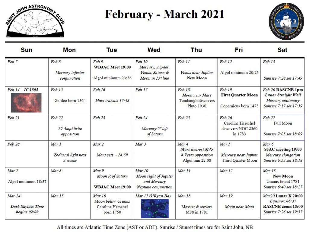 Calendar of the Saint John Astronomy Club for February-March 2021.