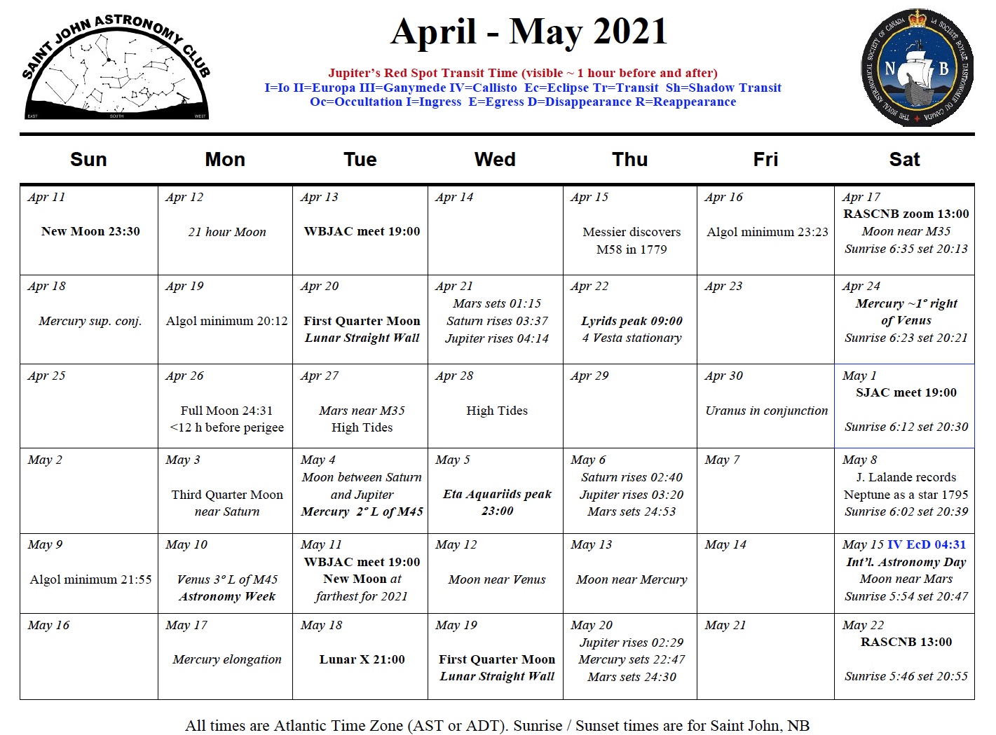 Calendar of the Saint John Astronomy Club for April-May 2021.