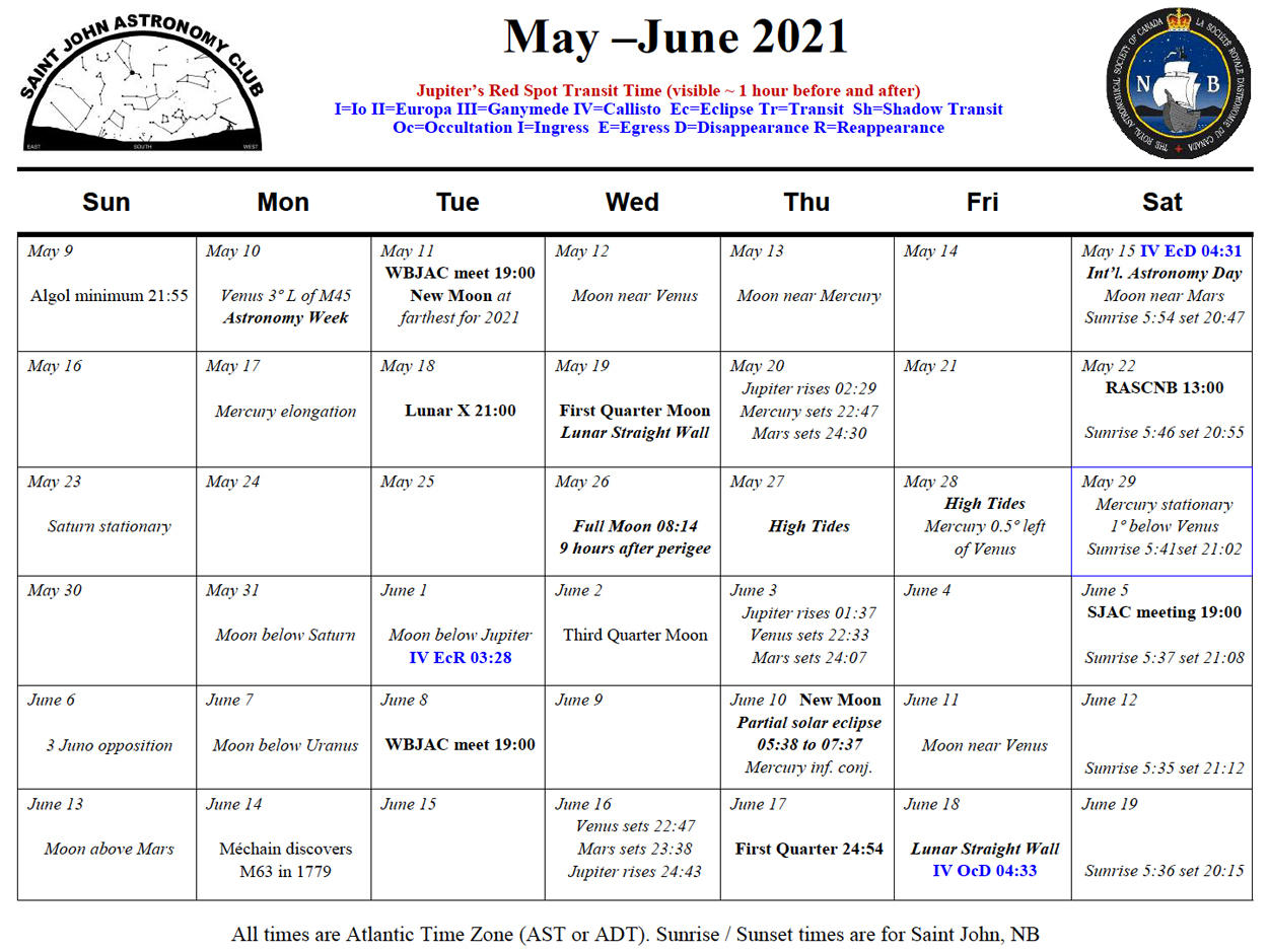 Calendar for the Saint John Astronomy Club for May-June 2021.