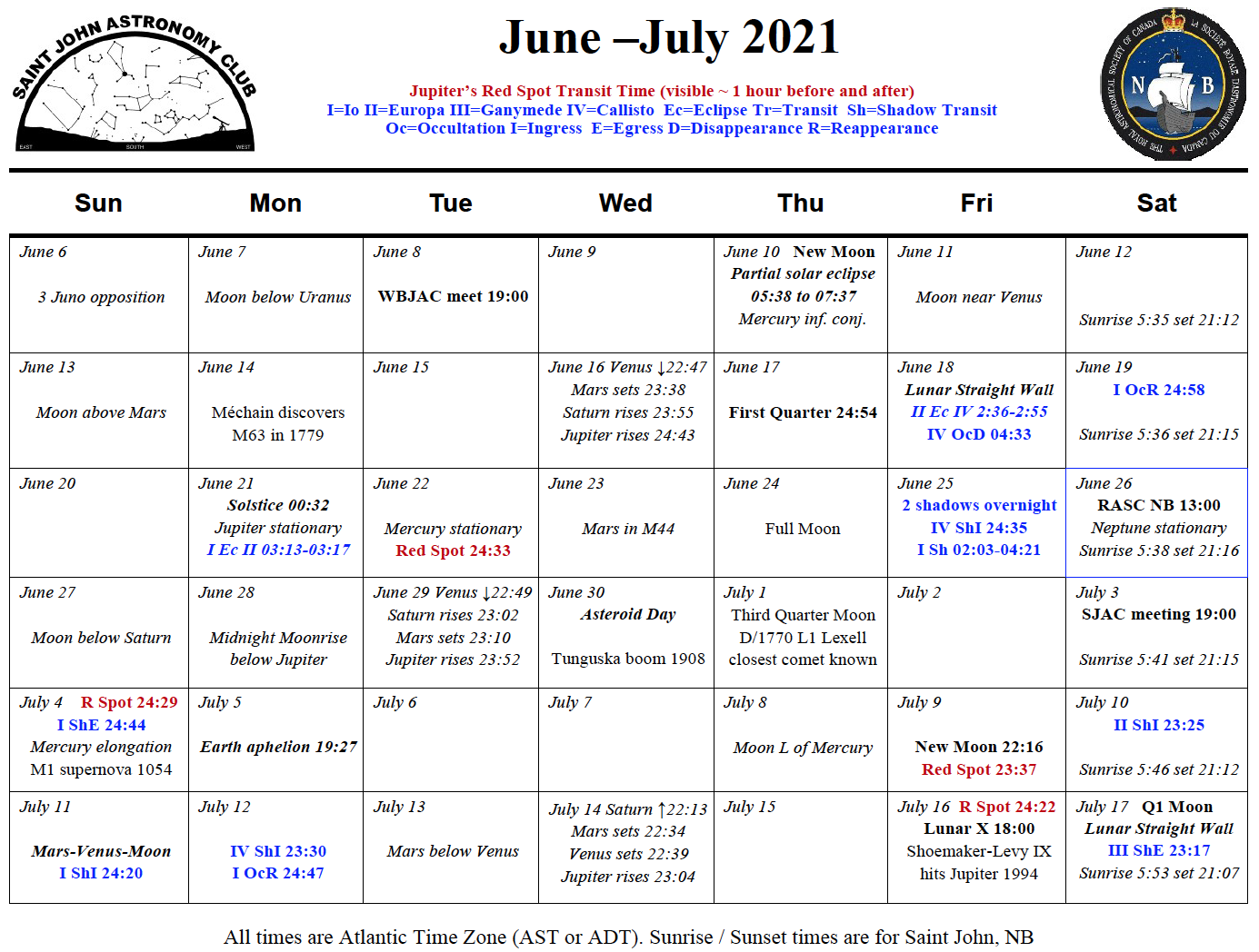 Calendar for the Saint John Astronomy Club for June-July 2021