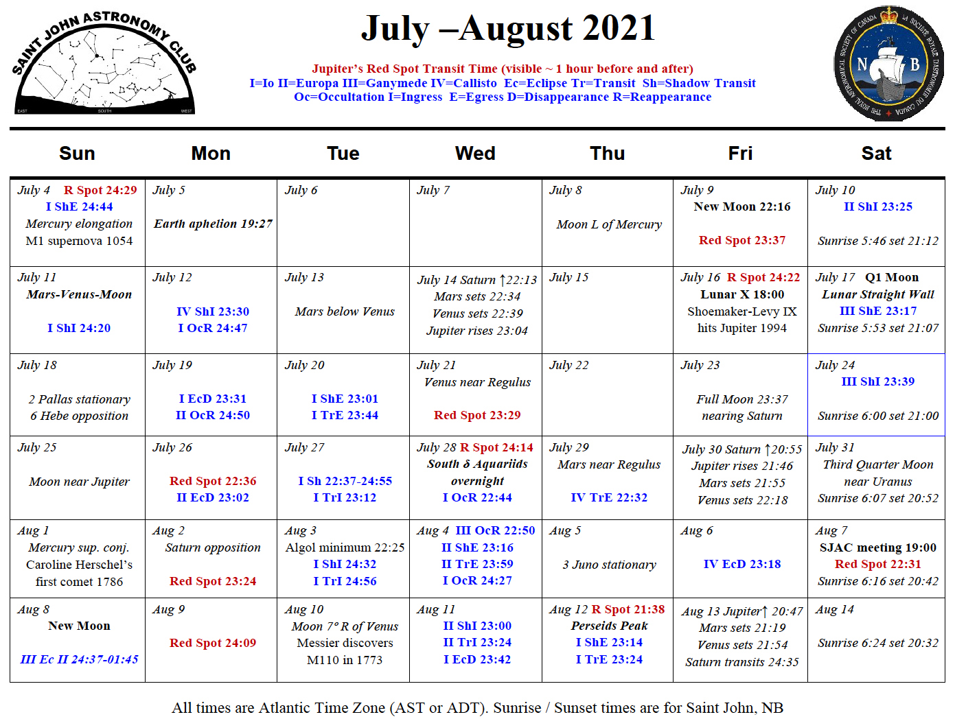 Calendar of the Saint John Astronomy Club for July-August 2021