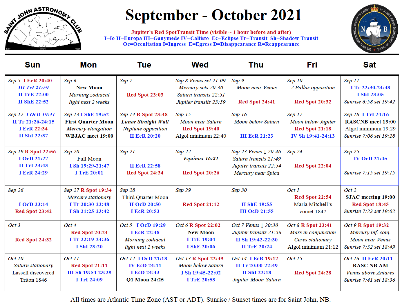Calendar for the Saint John Astronomy Club for September-October 2021.