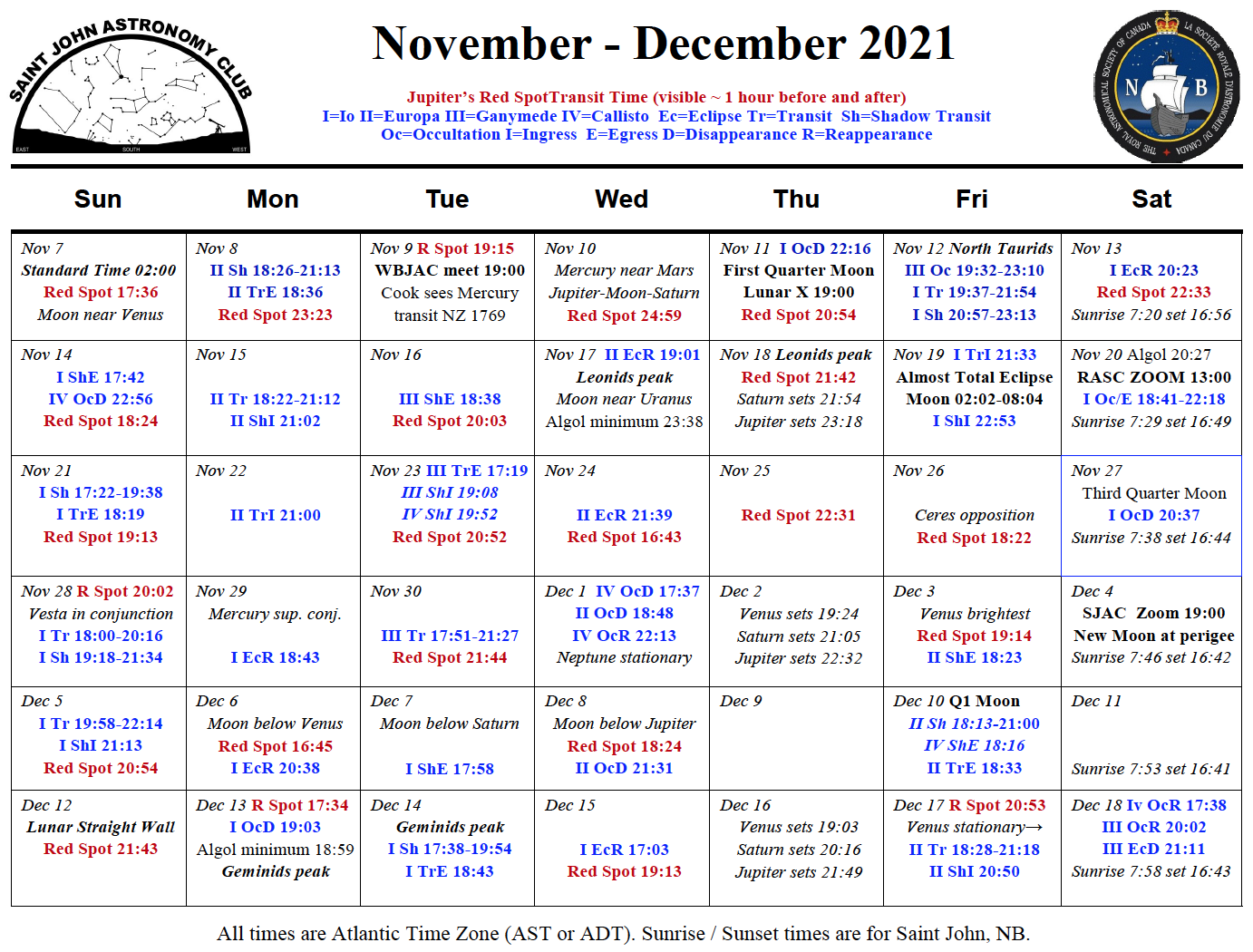 Calendar of the Saint John Astronomy Club for November-December 2021.