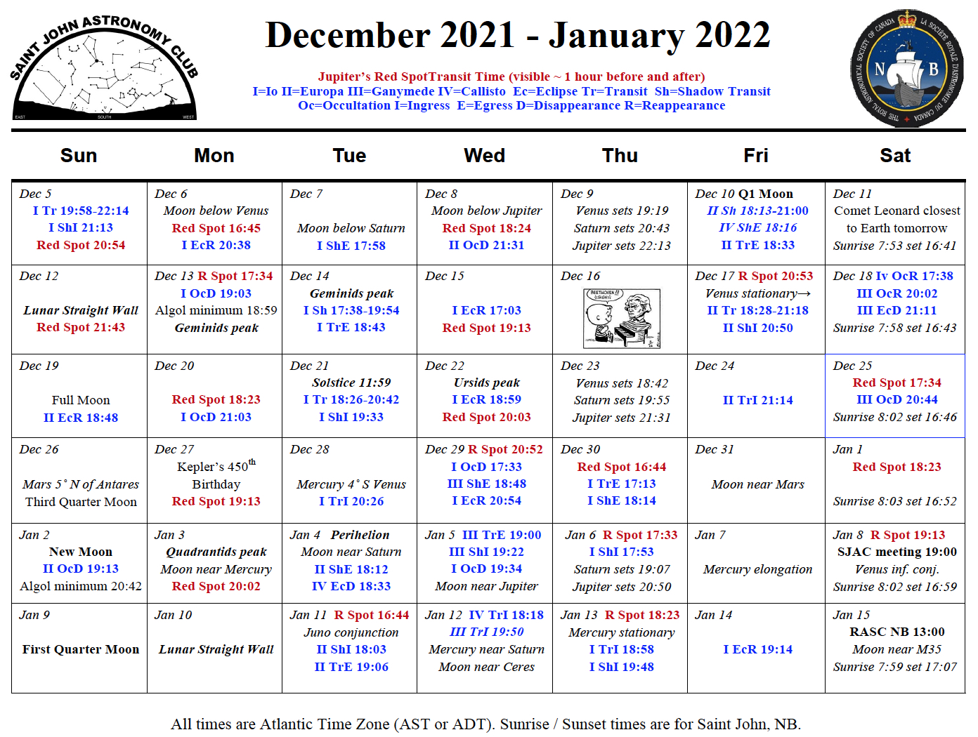 Calendar for the Saint John Astronomy Club for December 2021-January 2022.