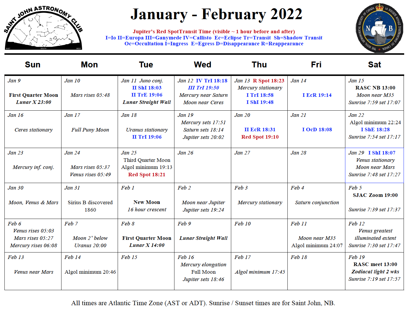 Calendar for the Saint John Astronomy Club for January-February 2022.