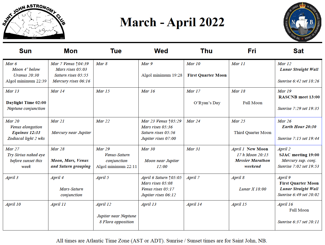 Link to the March-April 2022 Calendar for the Saint John Astronomy Club.