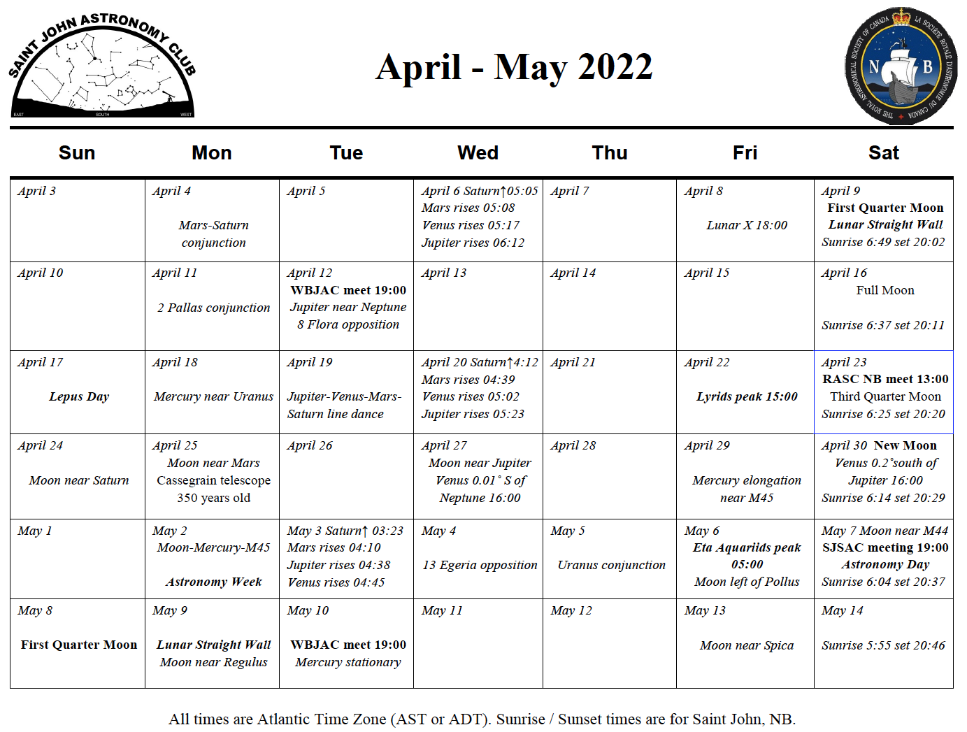 Calendar of the Saint John Astronomy Club for April - May, 2022