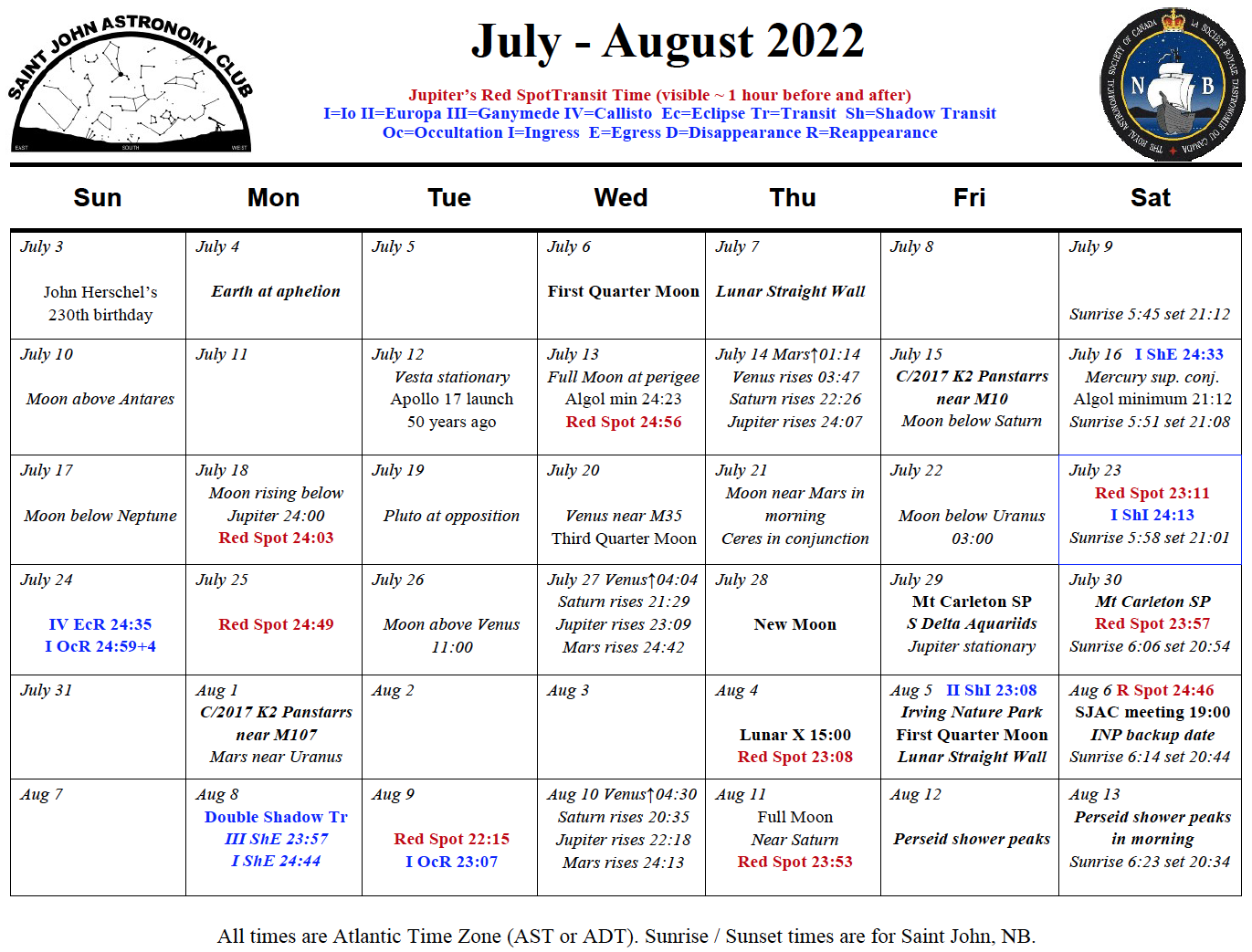 Link to the Calendar of the Saint John Astronomy Club for July-August 2022 in pdf.