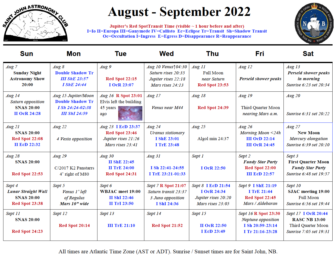 Calendar for the Saint John Astronomy Club for August-September 2022.