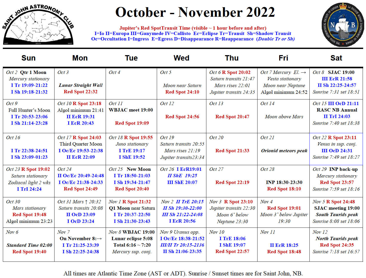Calendar for the Saint John Astronomy Club for October-November 2022.