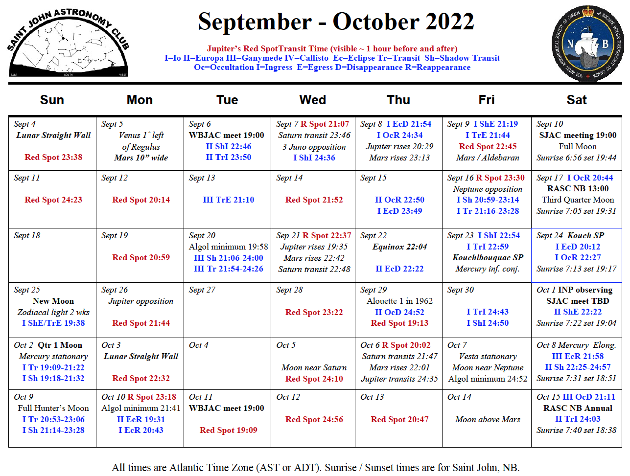 September - October 2022 calendar for the Saint John Astronomy Club.