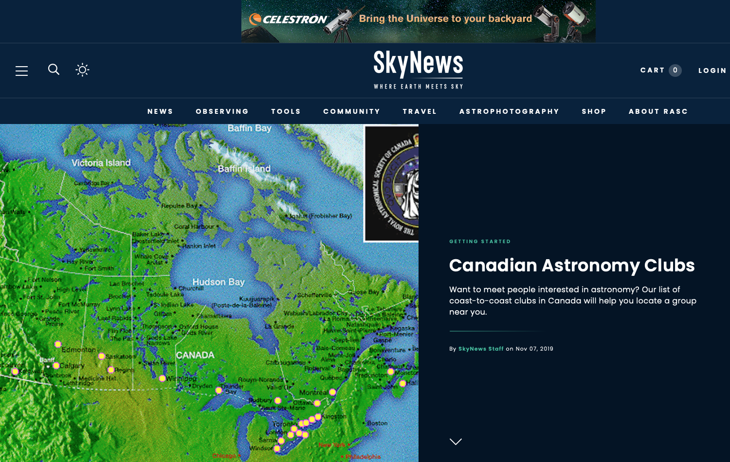 Link to the SkyNews.ca list of all the astronomy clubs and centres in Canada.