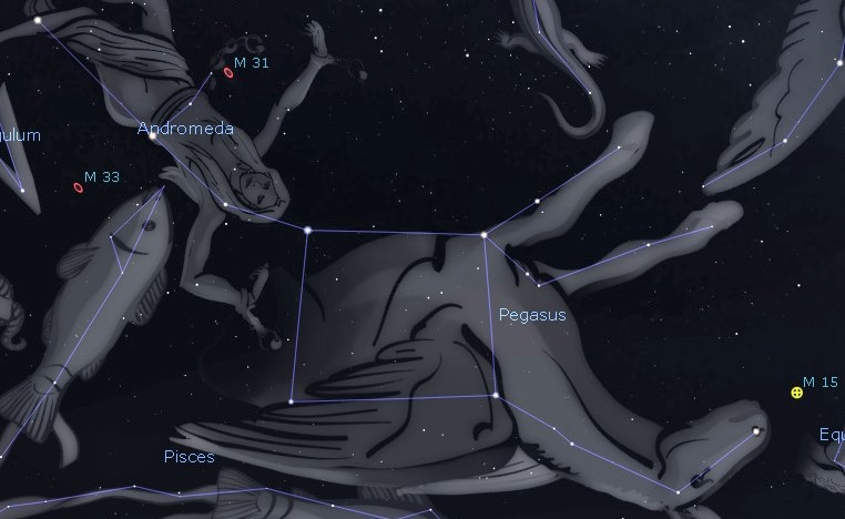 The Great Square of Pegasus at its peak in the early evening it is a good time to visit the autumn constellations with binoculars